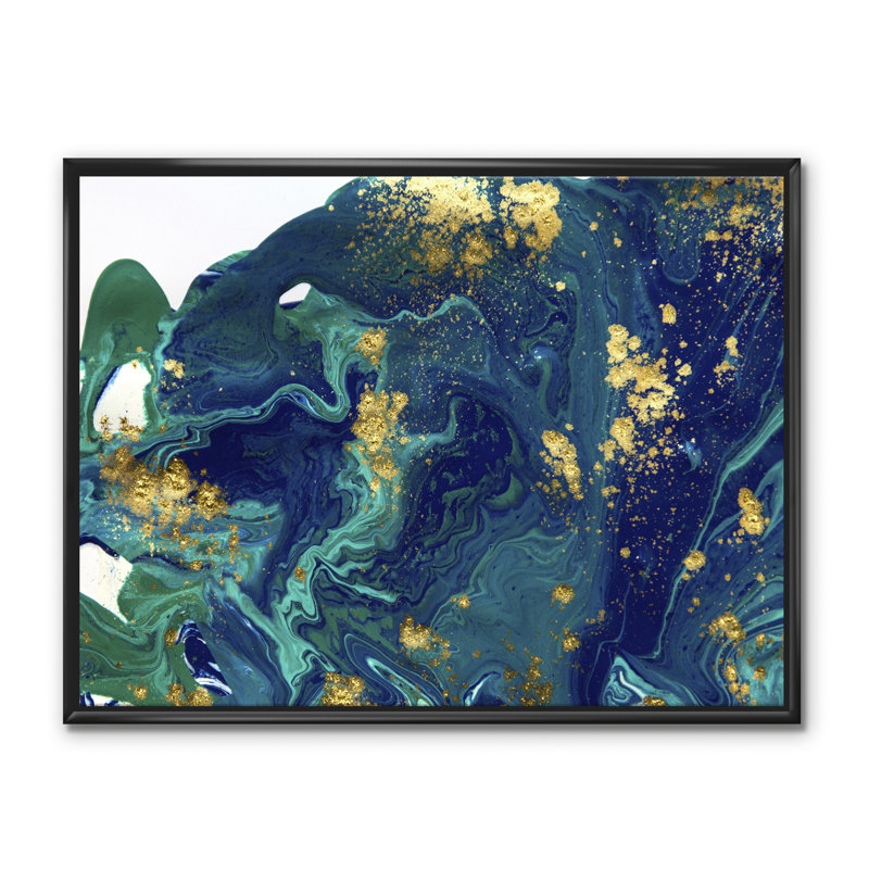 Marbre doré Olin sur univers bleu foncé - reproduction d'art sur toile, H 24 po x l 32 po x P 1 po, Toile avec cadre noir
