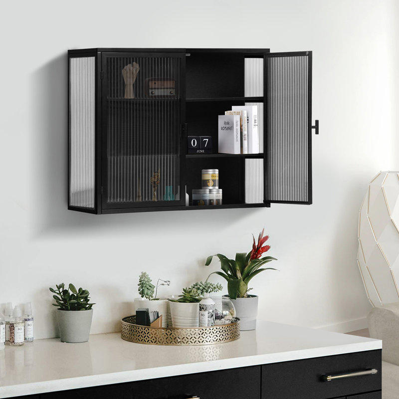 27.56"Glass Doors Modern Two-Door Wall Cabinet With Featuring Three-Tier Storage For Entryway Living Room Bathroom Dining Room