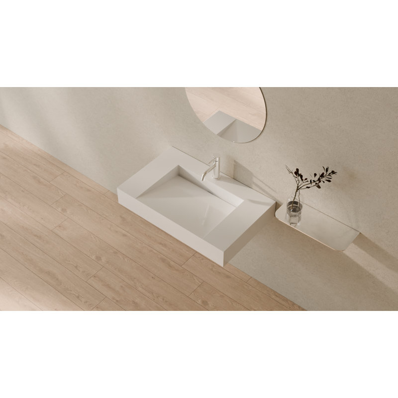 Lavabo de salle de bain mural en résine blanc brillant 31,5 po x 19,6 po Badeloft WT-04-D-G, Glossy White