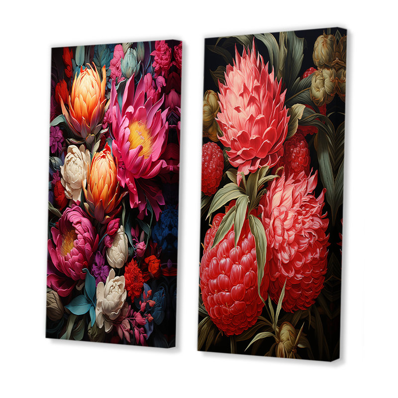 Rustic Ruby Flower Impression I - Fleurs, ensemble de 2 décorations murales, H 32 po x l 33 po, Toile tendue