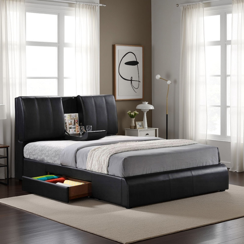 Jodok Vegan Leather Bookcase Storage Bed