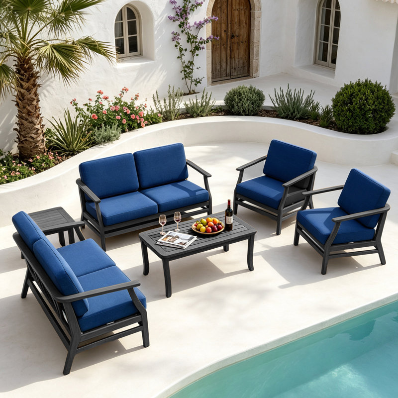 Ensemble de patio extérieur en teck pour six personnes avec coussins et deux tables Polett, Marine, Noir