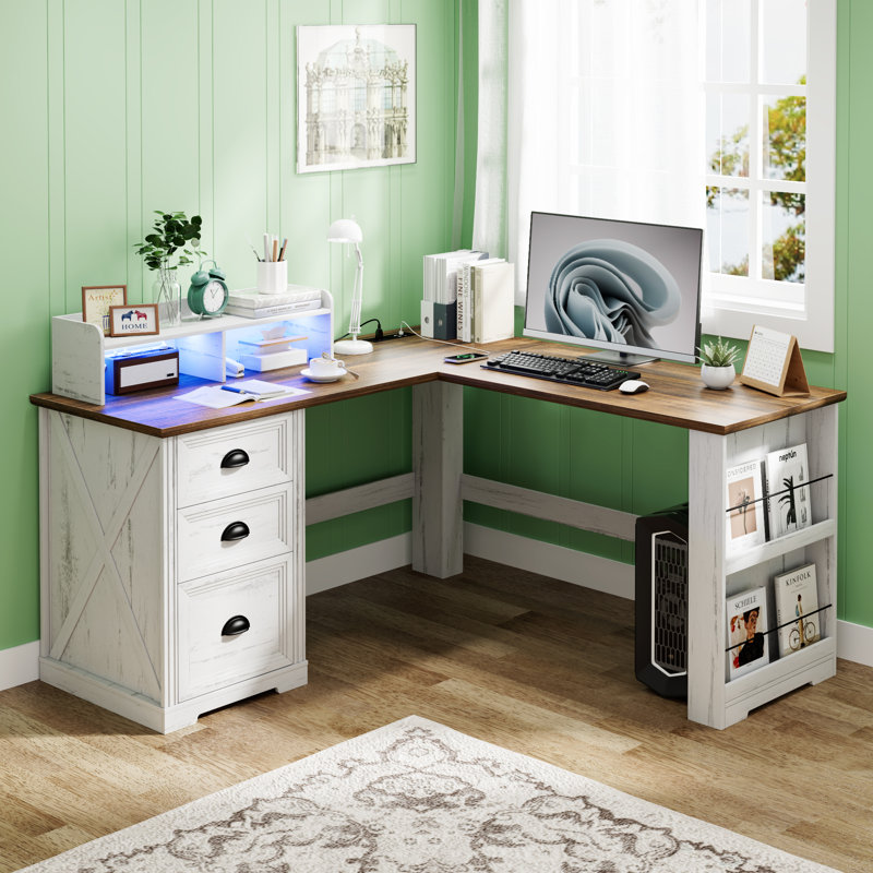 L-shaped Computer Desk With Storage Drawers And Bookshelf, Home Office Workstation With Usb Charging And Led Light, White