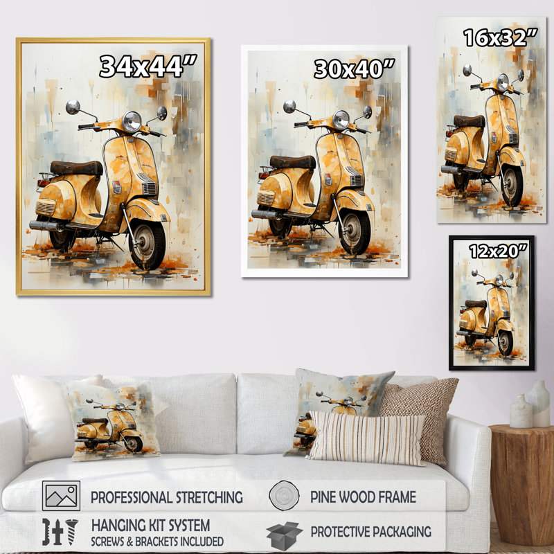 Scooter Escape III sur toile, Cadre flottant doré, H 44 po x l 34 po x P 1,5 po