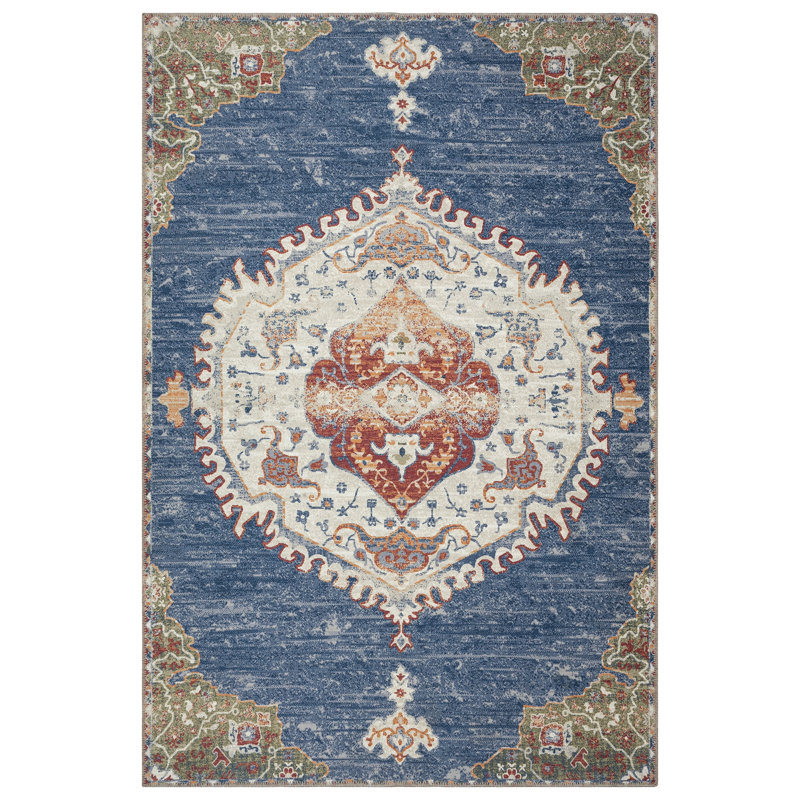 GLN Rugs Vintage Collection - Machine Washable Area Rug, Vintage Washable Rug, Non Slip Area Rug, Low Pile Living Room Rug, Bedroom Rug, Bathroom Rug - Easy Clean (Blue and Multicolor Rug)