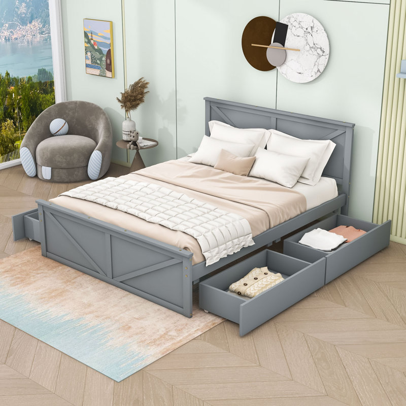Lit plateforme en bois avec tête de lit et 4 tiroirs Rochelly, gris, Très grand