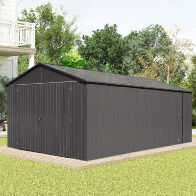 12X15ft Outdoor Metal Garage Shed, Extra Large Metal Carport With Lockable Double Hinged Doors, Heavy Duty Car Shelter For Car, Truck, Motorcycle And Lawn Equipment, Dark Grey