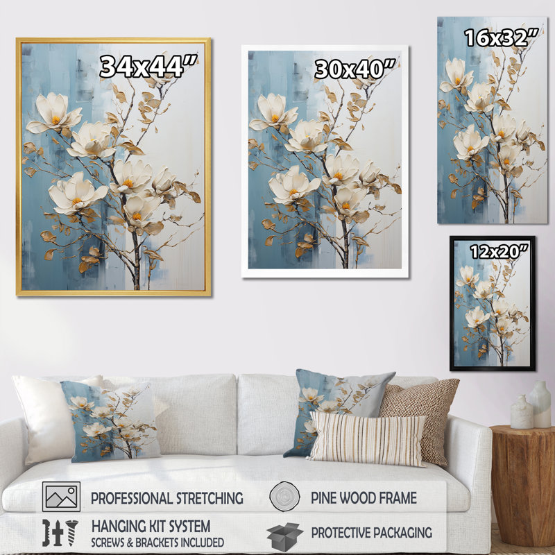 «White and Gold Magnolia Petal Serenity» sur impression sur toile, Toile tendue, H 32 po x l 16 po x P 1 po