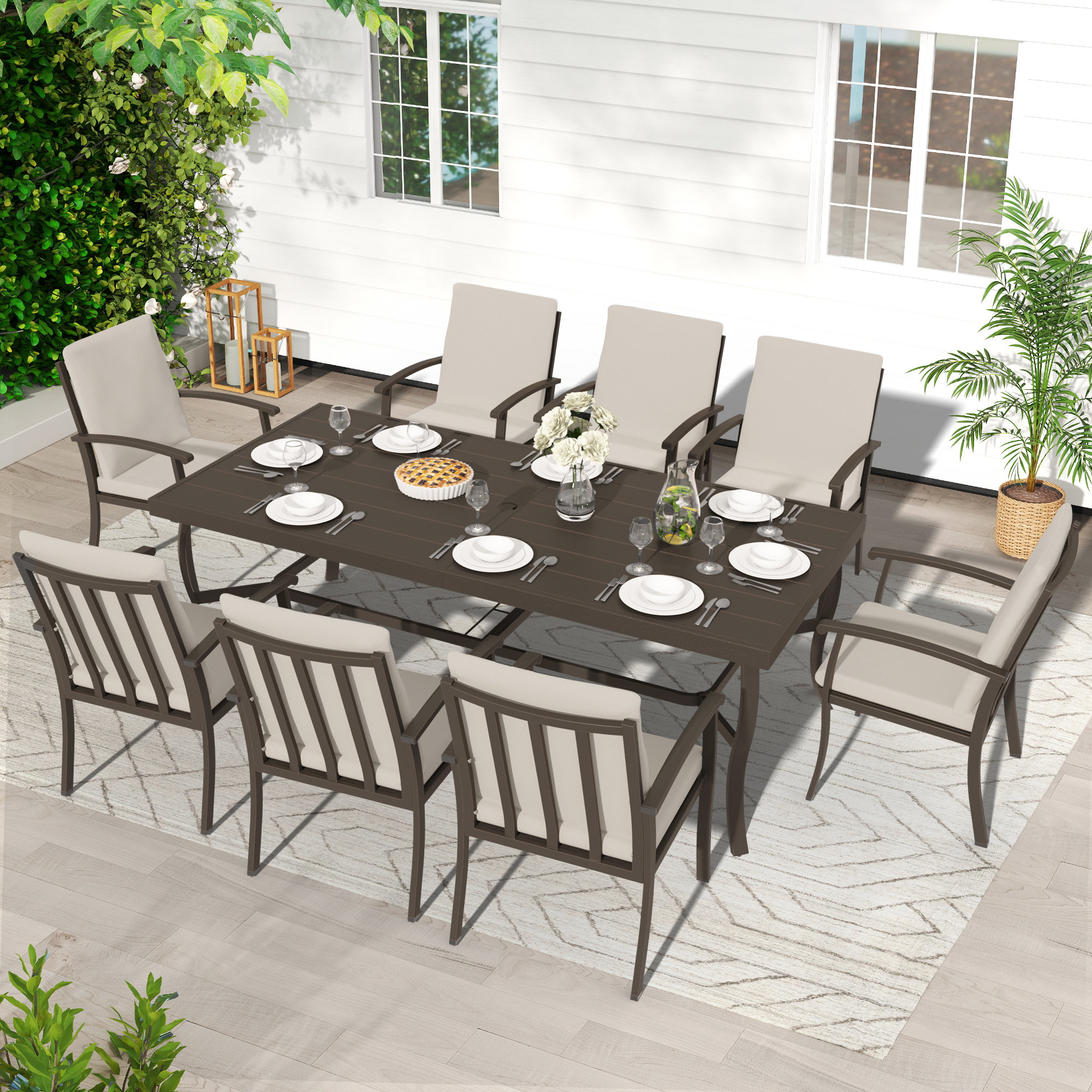 Willesden Rectangular Aluminum Dining Set with Cushions, 8, Dark Brown