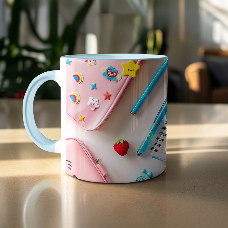 Set of 2 Kids Drawing Style 11oz Accent Mugs – Ceramic Coffee Cups with a Light Blue Handle and Interior