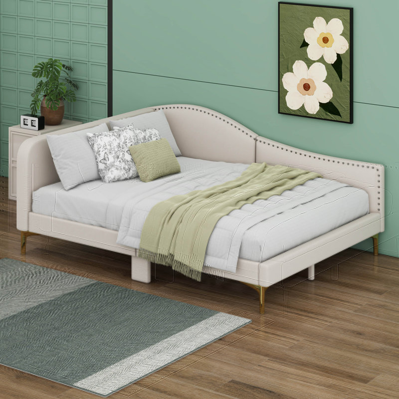 Aliccia Upholstered Daybed with Headboard and Armrest, Beige, Full