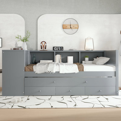 Lit de jour simple avec couchette, tiroirs de rangement et tablettes latérales