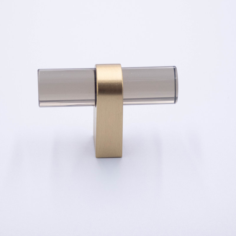 Modern Acrylic and Brass Cabinet T-Bar Knob, 2", Gray