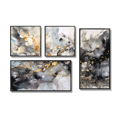 Gris délicat et abstrait coups de pinceau II - grand art mural abstrait en marbre 4 pièces