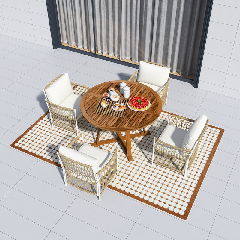 Ensemble 5 pièces de table de salle à manger d'extérieur moderne en bois d'acacia extensible, ensemble de table ronde pliable en forme de feuille de papillon de 12 pouces avec 4 fauteuils en rotin, structure en fer robuste, housses de coussin amovibles, facile à installer