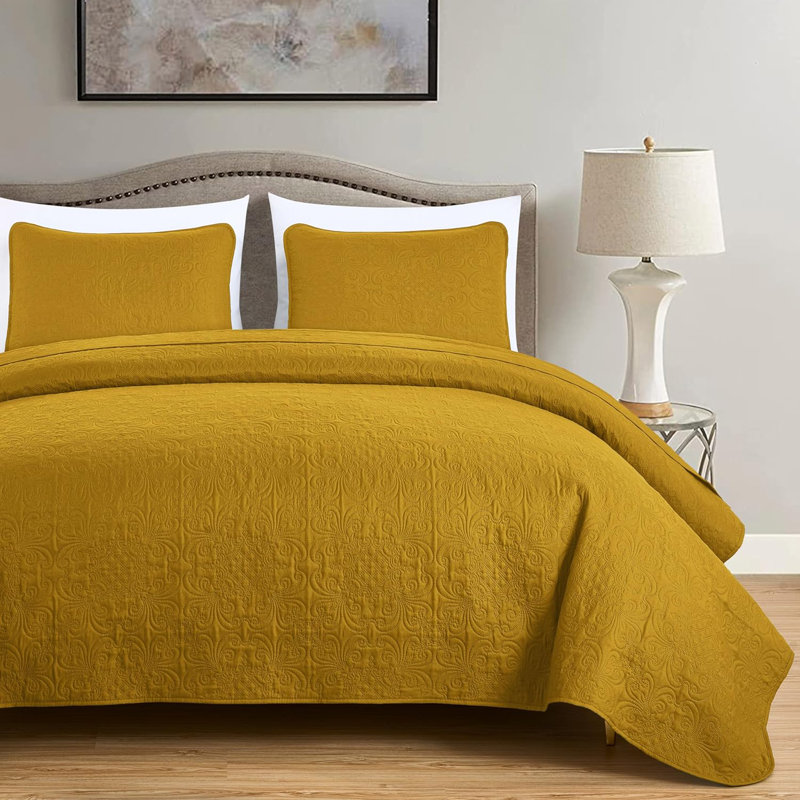 Luca 3-Piece Lightweight Microfiber Oversized Bedspread Set, King Coverlet/Bedspread + 2 King Shams, Mustard Yellow