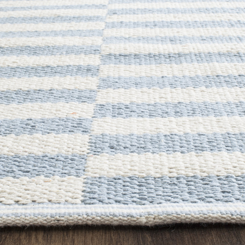 Ilona Striped Hand-Woven Flatweave Cotton Area Rug in Ivory/Light Blue, Square 6'