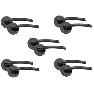  5 Pairs Indiana Style Modern in Door Handles on Round Rose in Polished Black Nickel Finish with Spindle and Fixings