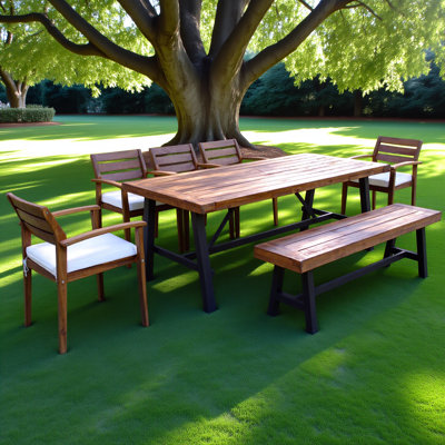 Ensemble de salle à manger d'extérieur en bois pour 7 à 8 personnes, coussins amovibles, chaises et banc ergonomiques, plateau de table épais, style naturel