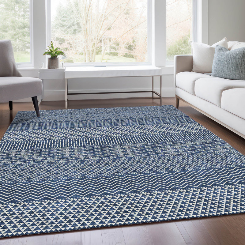 Tapis bleu marine de qualité supérieure lavable à la machine Prisco, Rectangulaire 8 pi x 10 pi