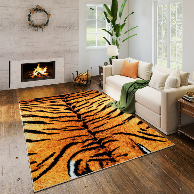 Machine-washable tiger animal print indoor rug with non-slip design, foldable, suitable for living rooms, bedrooms, and dormitories.