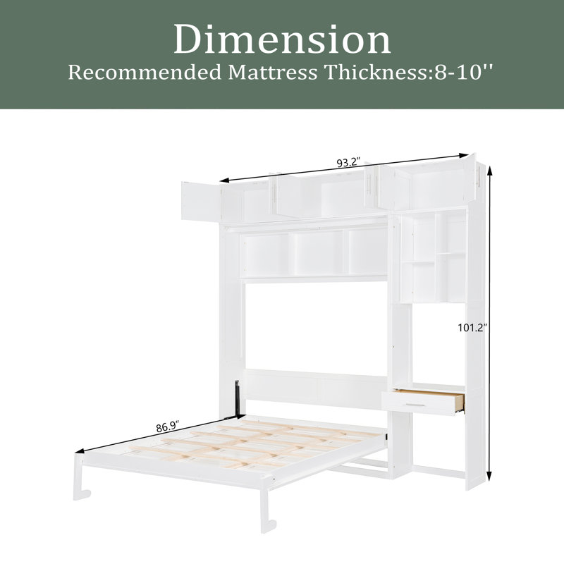 Lit escamotable mural avec bureau, armoire supérieure et tablettes de rangement, lit pliable peu encombrant, Blanc, Grand