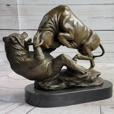 Ziyon Stock Market Bull vs Bear Bronze Sculpture Marble Base Statue Decor Gift Signed Original Art