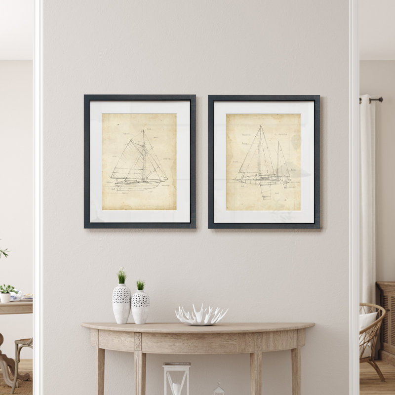 Plan de voilier III - Encadré sous verre, lot de 2, grande décoration murale pour salon