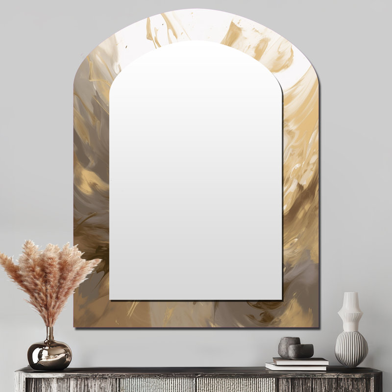 White and Gold Aqua Symphony - Abstract Arch Wall Mirror, White Asymmetrical Decorative Mirror, Printed Metal Art, 43" x 33"