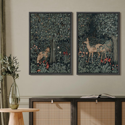 Animals In Woodland Forest Nursery Decor Tapestry - Framed Canvas Bedroom Wall Art 2 Pieces Print