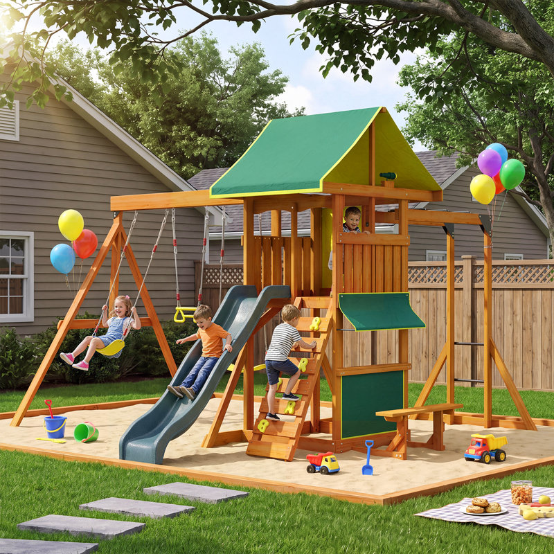 Ensemble de jeux extérieurs en bois pour enfants avec balançoire, glissade, cabane et barres de singe