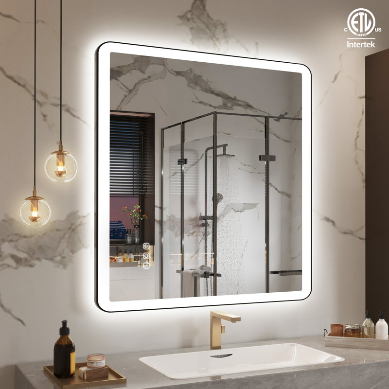 Natalin LED Wall Mirror, 36" x 32", Matte Black, Rectangle