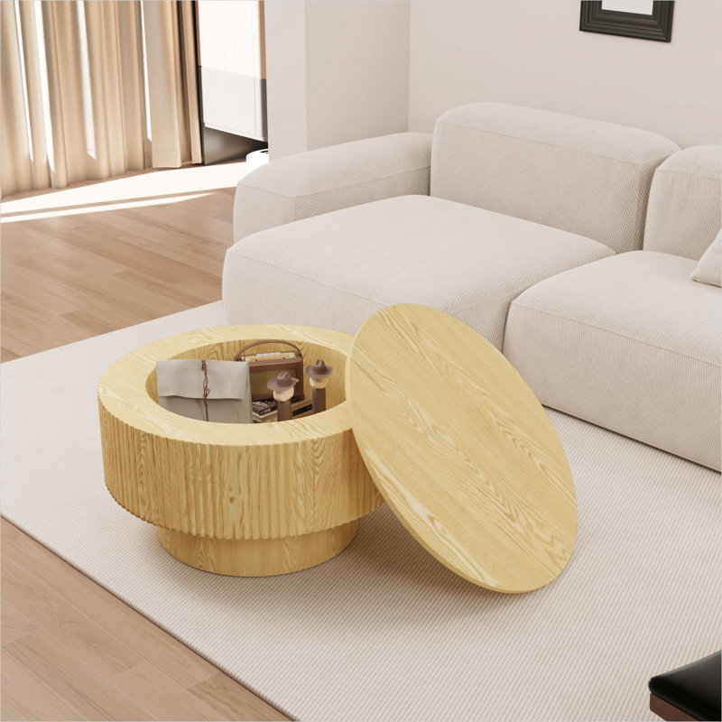 Table basse ronde de 29,53 pouces avec conception rainurée et rangement dissimulé, finition naturelle