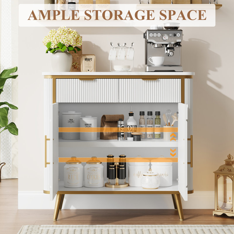 Modern Sideboard Cabinet With 2 Drawers, Storage Buffet With Adjustable Shelf, Entryway Cabinet With Marble Texture & Fluted-Front Design, Perfect Storage For Dining Room, Kitchen, And Entryway