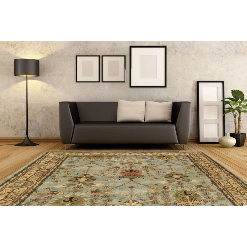 Handmade Blue Wool and Cotton Tufted Rectangular Rug