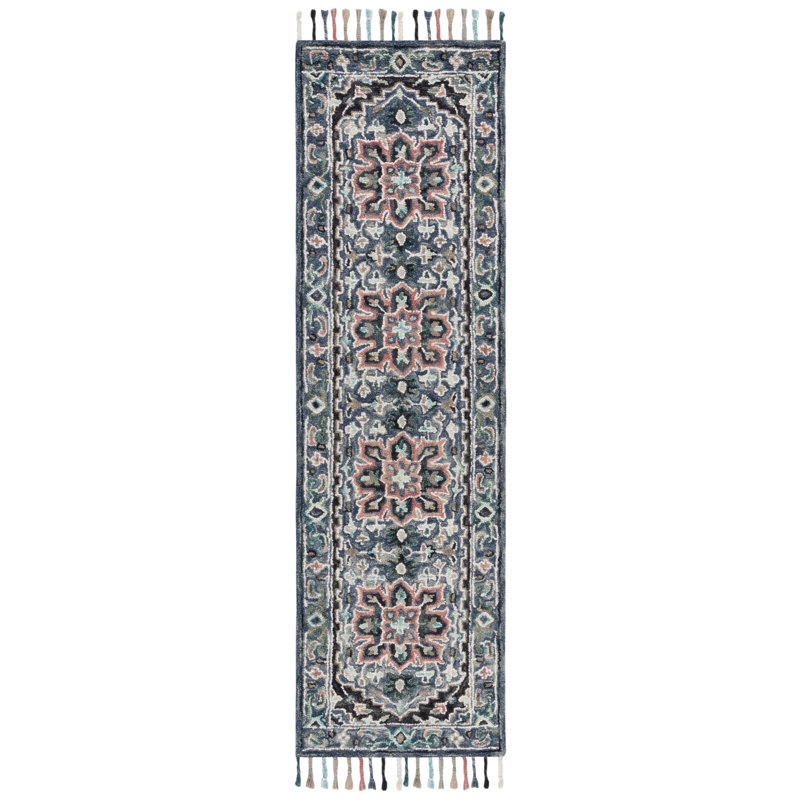 Tapis oriental rose / bleu en laine / coton touffeté à la main Arkadijus, Tapis de couloir 2 pi 3 po x 9 pi