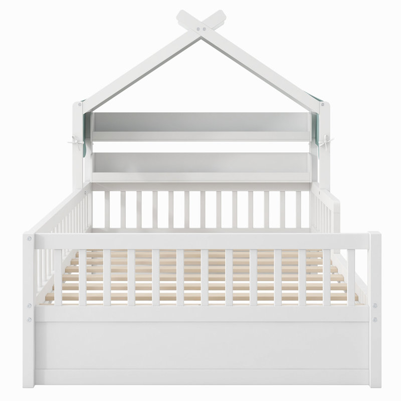 Lit simple en bois avec tête de lit et tablette de rangement, blanc, Twin, White