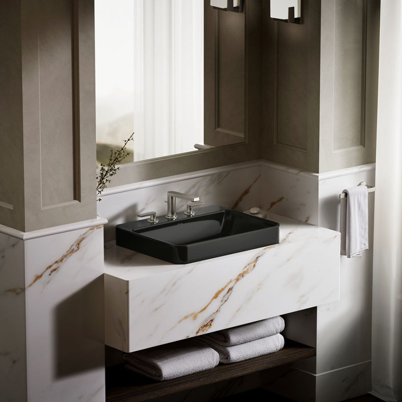 Vox Vitreous China Rectangular Vessel Bathroom Sink with Overflow, Black Black, 3