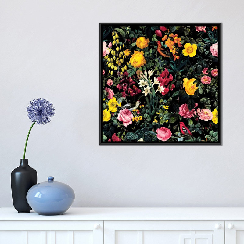 Fleurs et oiseau, impression sur toile tendue, H 18 po x l 18 po x P 1,5 po, Pas de tapis, Toile avec cadre flottant noir
