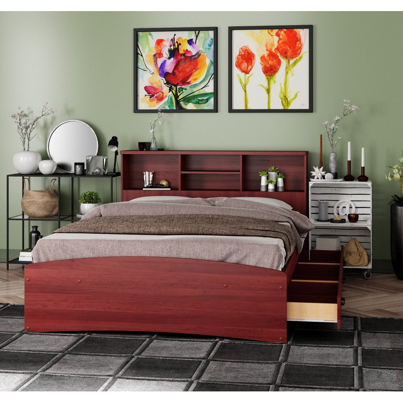 Monira Bed Frame With Storage & Headboard New Design, Mahogany, Full