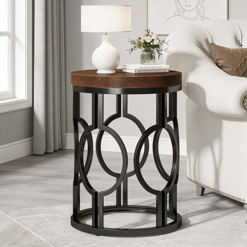 Table d'appoint ronde avec structure creuse en métal, Brun rustique