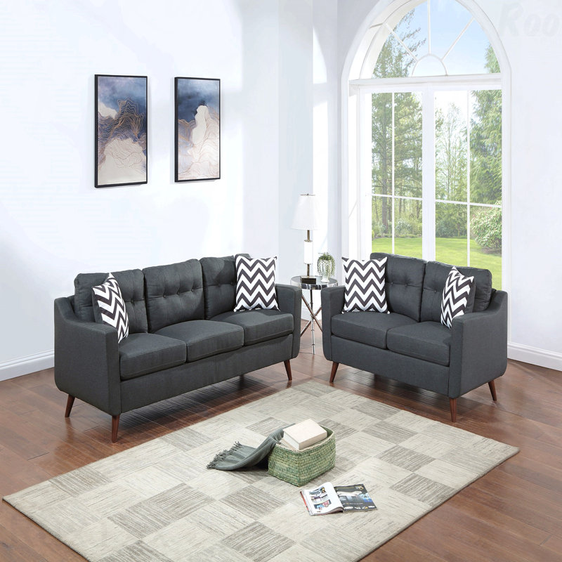 Ensemble de canapé 2 pièces en polyfibre noir moderne - canapé et causeuse, coussins, coussins touffetés, confortable, Noir