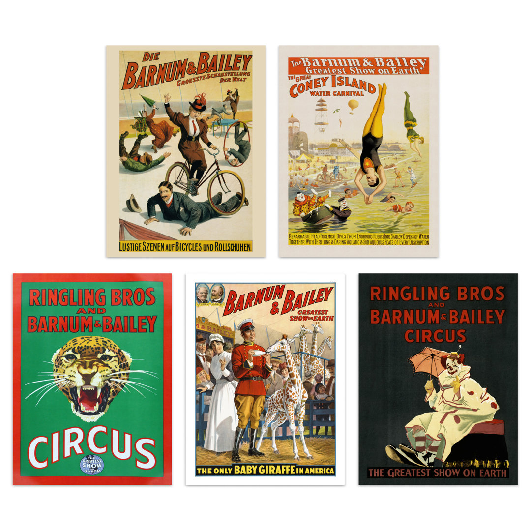 Barnum & Bailey Greatest Show On Earth 5-Piece Set Unframed Wall Art Prints Bathroom Bedroom Aesthetic Vintage Circus Advertising