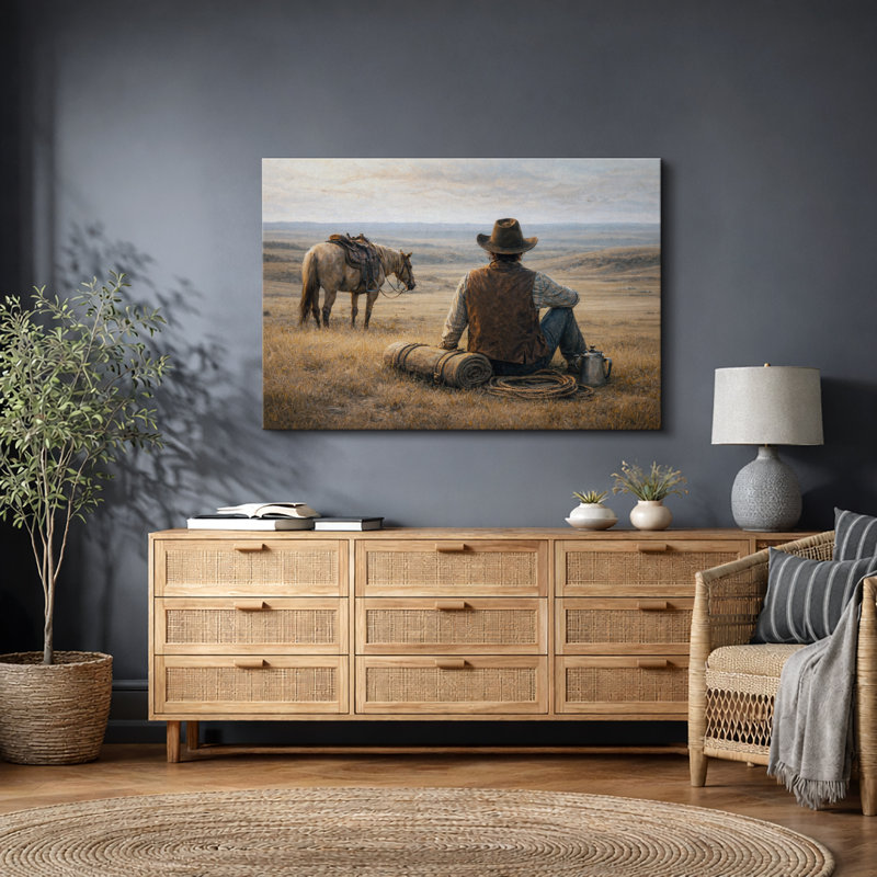 Cowboy et cheval, Toile tendue, H 12 po x l 18 po x P 1,5 po