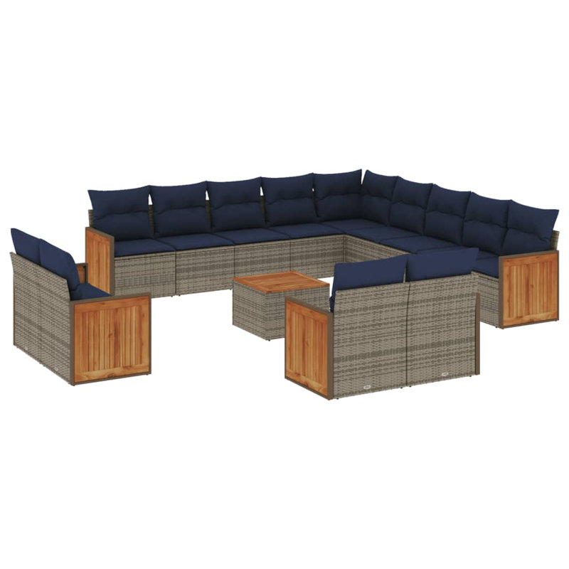 Ensemble de canapé de patio 14 pièces avec coussins en rotin de polyester, Gris, Marine