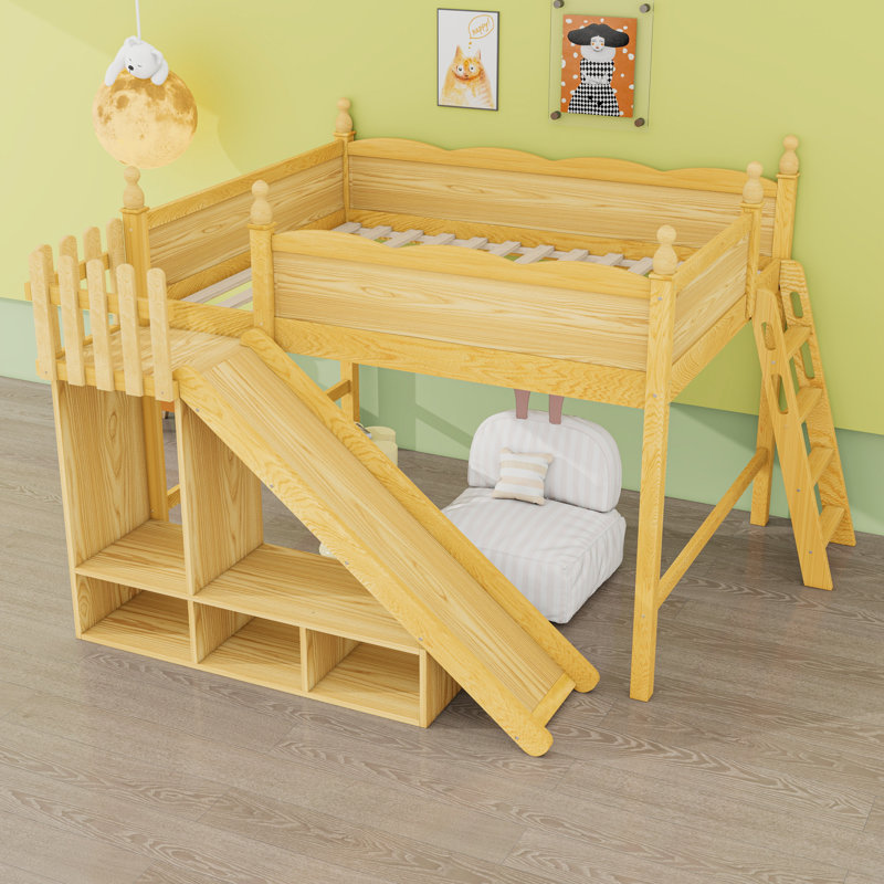 Lit mezzanine en bois avec tablettes, glissière amovible, garde-corps et échelle, Grand lit, Naturel