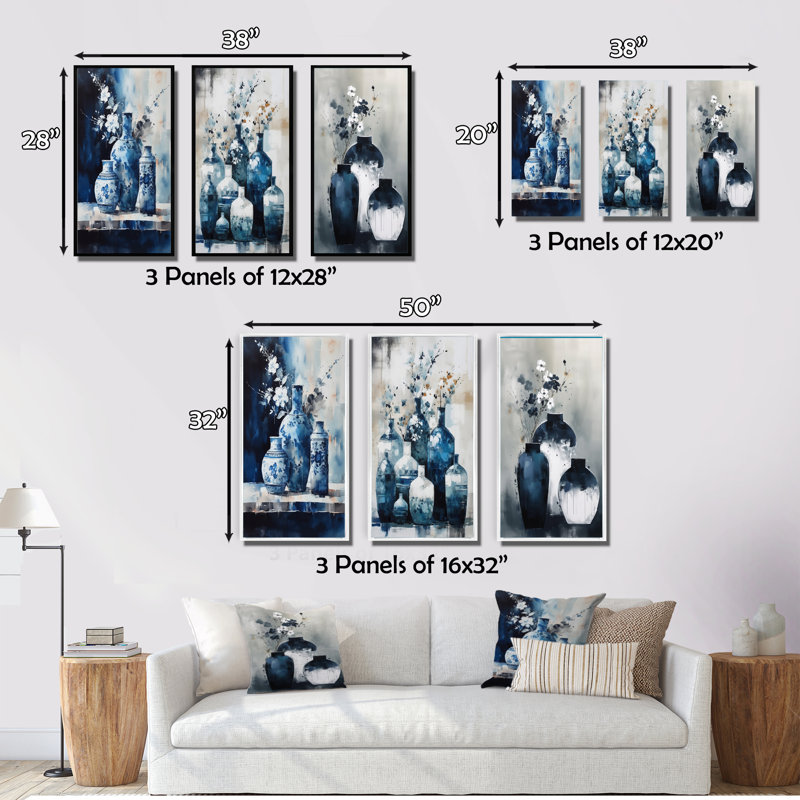 «Blue And Cream Bohemian Vibes Pottery», 3 pièces sur toile, Cadre flottant noir, H 20 po x l 36 po