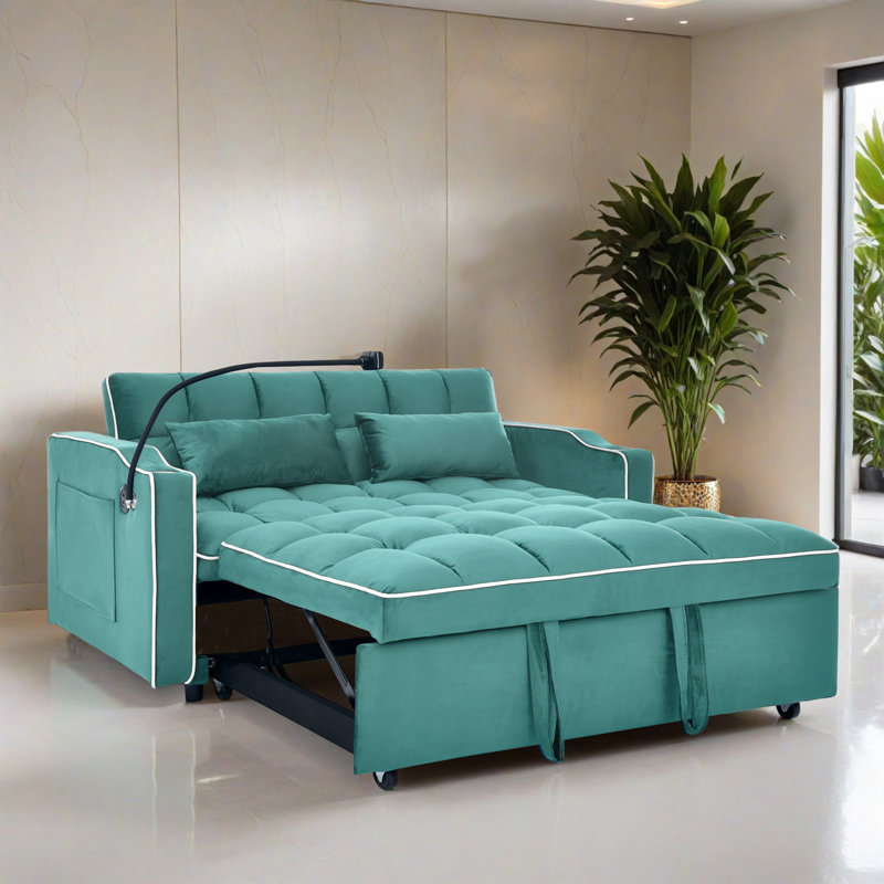 55.52" Square Arm Tufted Back Pull Out Sleeper Sofa with Cushions, Antique Blue Green