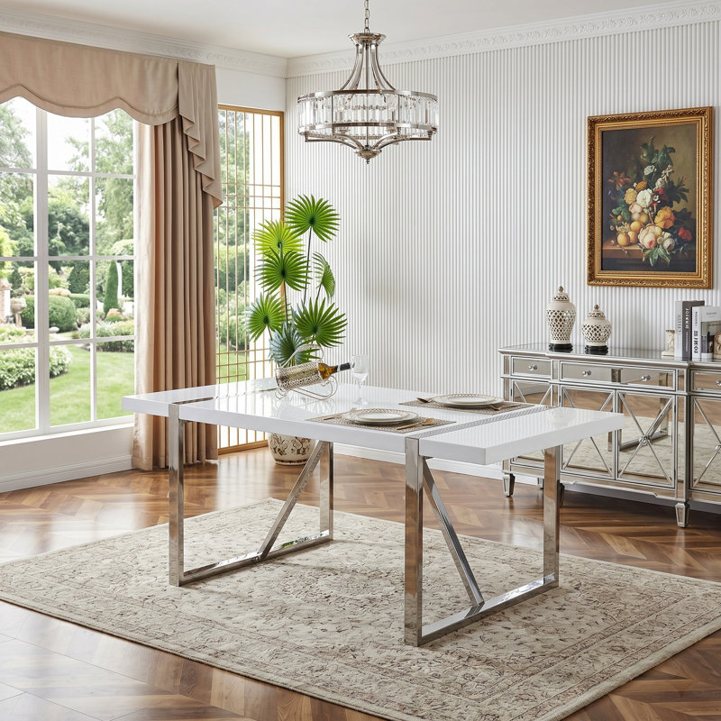 Table de salle à manger rectangulaire moderne 71 "avec base géométrique en métal et plateau en bois synthétique épais
