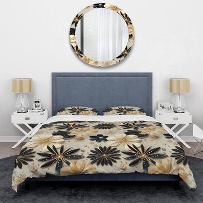 Beige And Champagne Opulent Glam Box Stitch Floral Duvet Cover